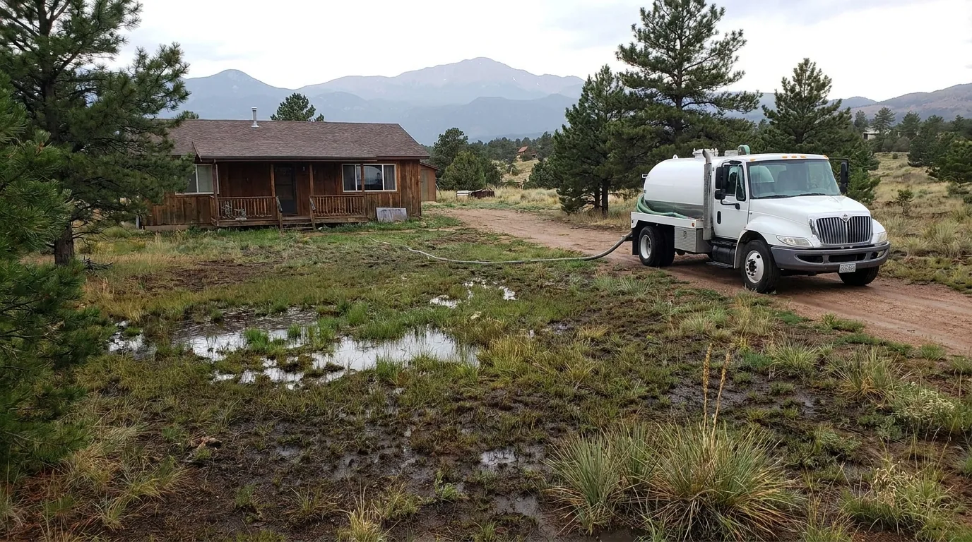 Soggy drain field area behind a rural Colorado Springs home