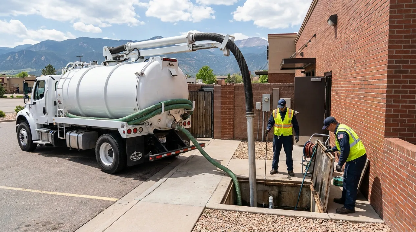 Commercial grease trap being pumped at a Colorado Springs restaurant