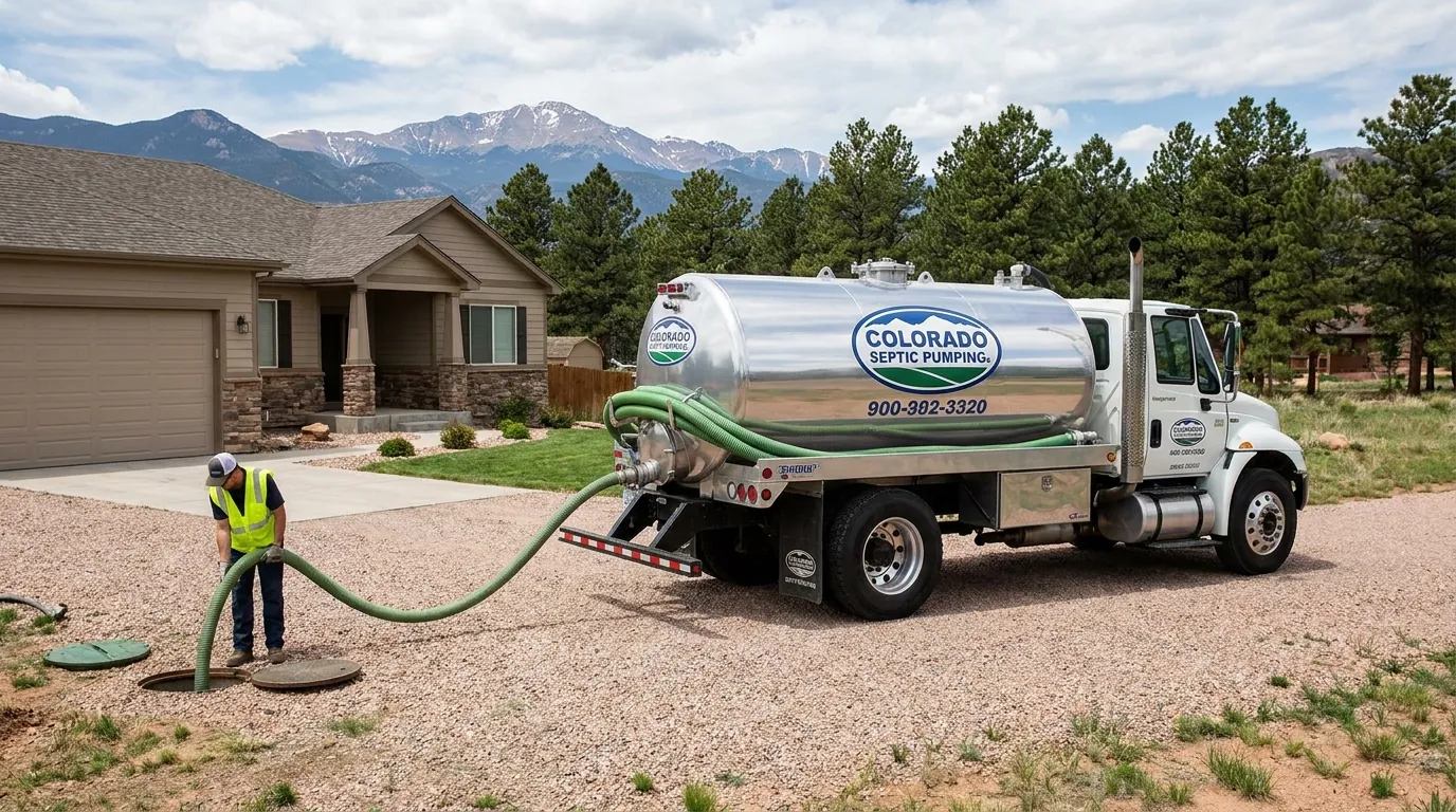 A septic pumping truck servicing a residential septic tank in the Colorado Springs area