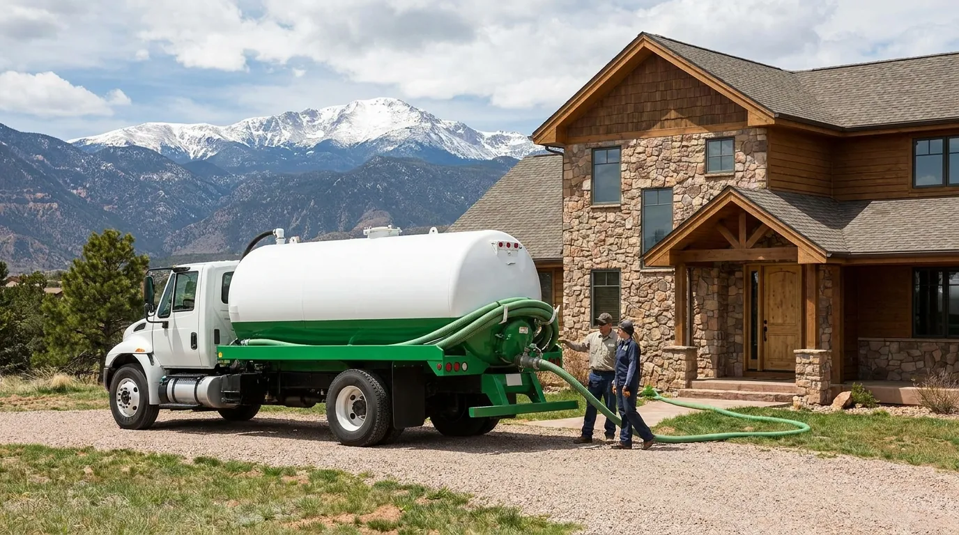 Septic service truck responding to a backup at a Colorado Springs home