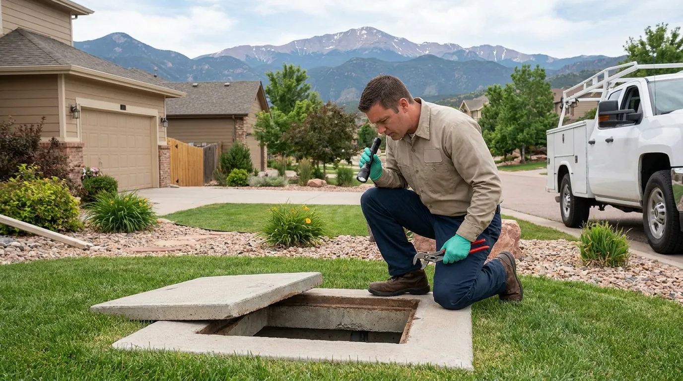 Technician inspecting a septic tank access lid at a Colorado Springs home