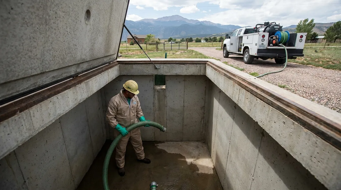 Interior of a septic tank being cleaned at a Colorado Springs property
